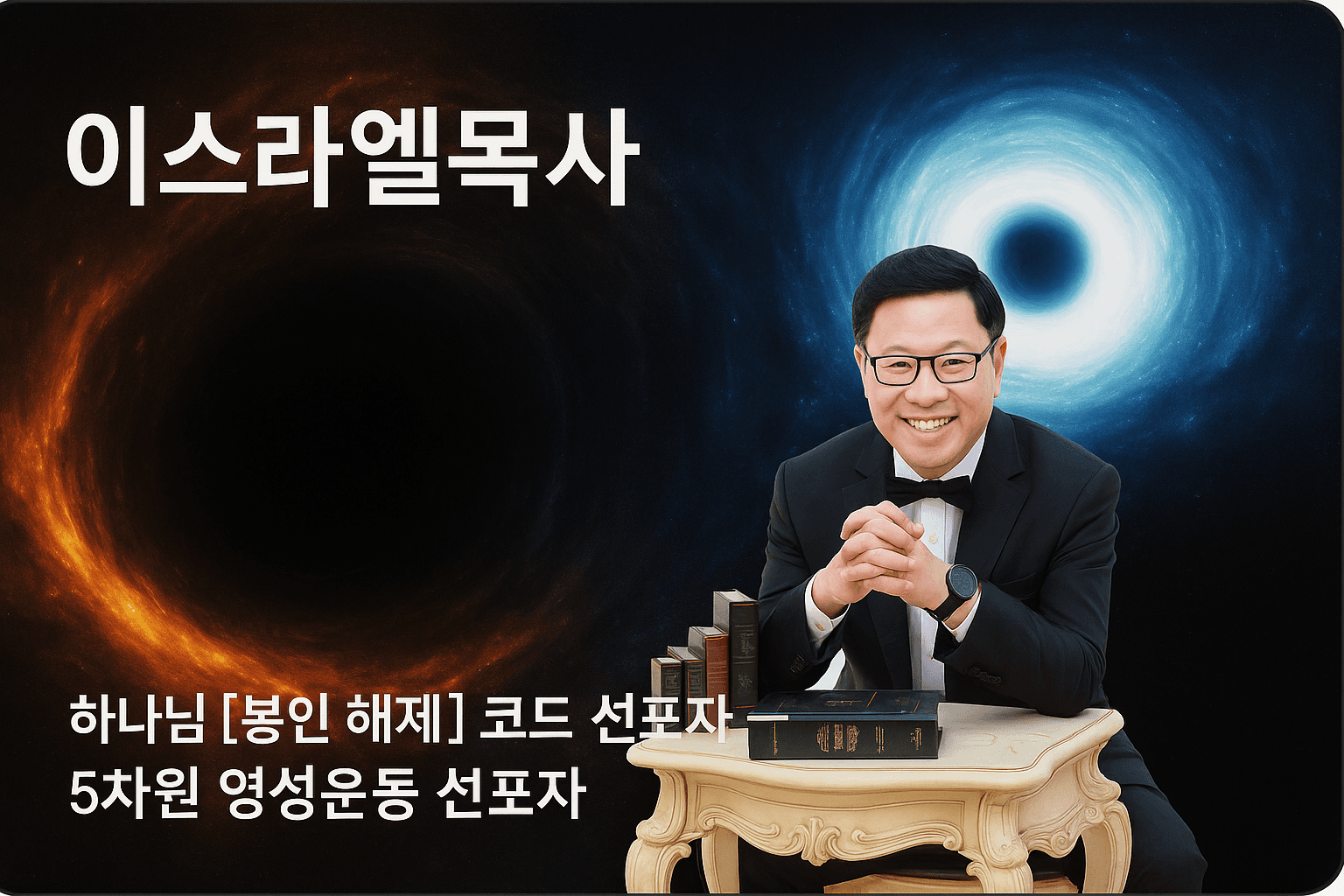 우주적 배경 앞에 앉아 있는 AI 행동전문가 이스라엘 목사