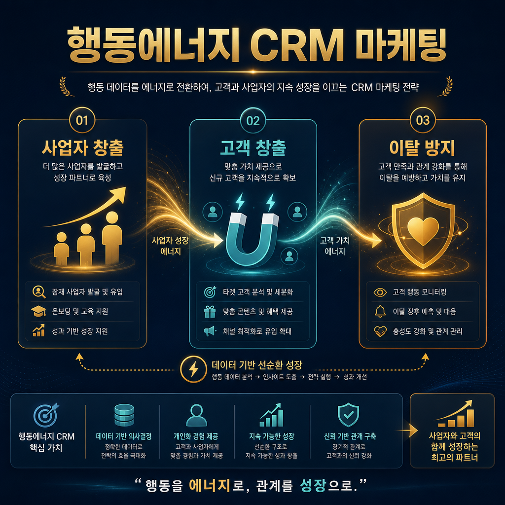행동에너지 애터미 CRM 마케팅 - 사업자 창출·고객 창출·이탈방지 3대 전략